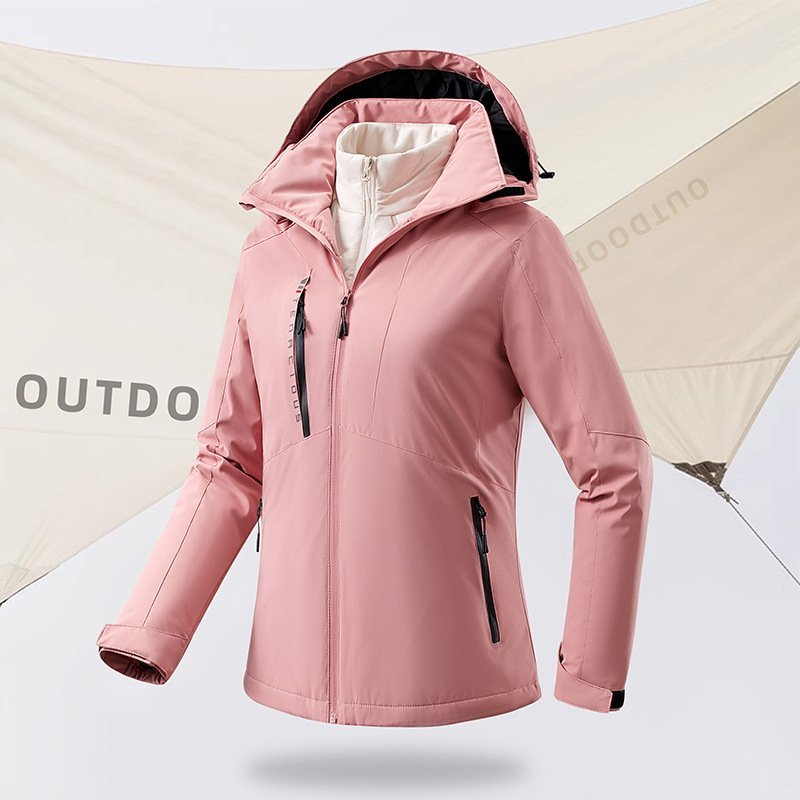 Women's Outdoor Mountaineering Jacket Windproof Waterproof with Removable Ultrasonic Vest and Clip-On Cotton Lining